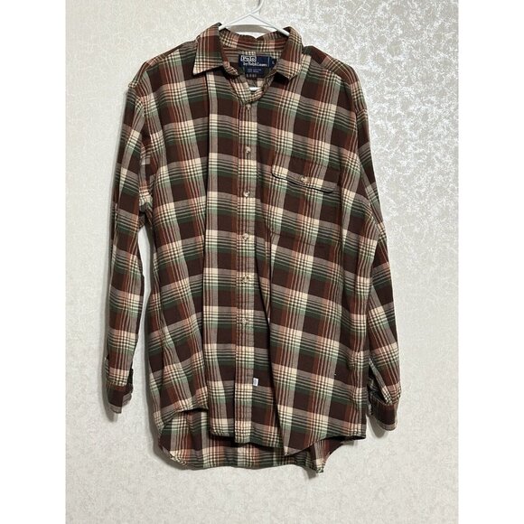 Vintage Polo Ralph Lauren Button Up Brown Plaid Shirt Cotton Wool Blend Men's L - Picture 1 of 4